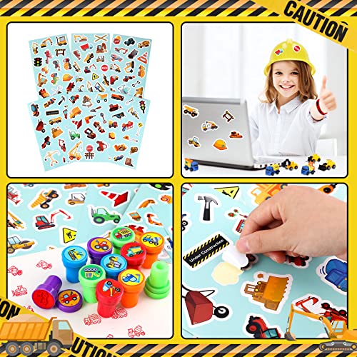 Sratte 148 Pcs Construction Birthday Party Supplies Include 12 Construction Hats, 24 Truck Toys, 12 Vehicle Stickers, 12 Silicone Bracelet, 12 Goodie Bag, 24 Stamps, 50 Shovels, 1 Tablecloth,1 Tape - Image 4