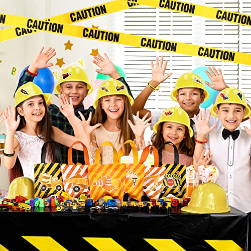Sratte 148 Pcs Construction Birthday Party Supplies Include 12 Construction Hats, 24 Truck Toys, 12 Vehicle Stickers, 12 Silicone Bracelet, 12 Goodie Bag, 24 Stamps, 50 Shovels, 1 Tablecloth,1 Tape - Image 5