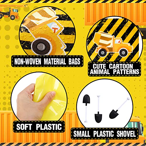 Sratte 148 Pcs Construction Birthday Party Supplies Include 12 Construction Hats, 24 Truck Toys, 12 Vehicle Stickers, 12 Silicone Bracelet, 12 Goodie Bag, 24 Stamps, 50 Shovels, 1 Tablecloth,1 Tape - Image 3