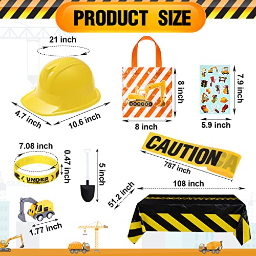 Sratte 148 Pcs Construction Birthday Party Supplies Include 12 Construction Hats, 24 Truck Toys, 12 Vehicle Stickers, 12 Silicone Bracelet, 12 Goodie Bag, 24 Stamps, 50 Shovels, 1 Tablecloth,1 Tape - Image 2