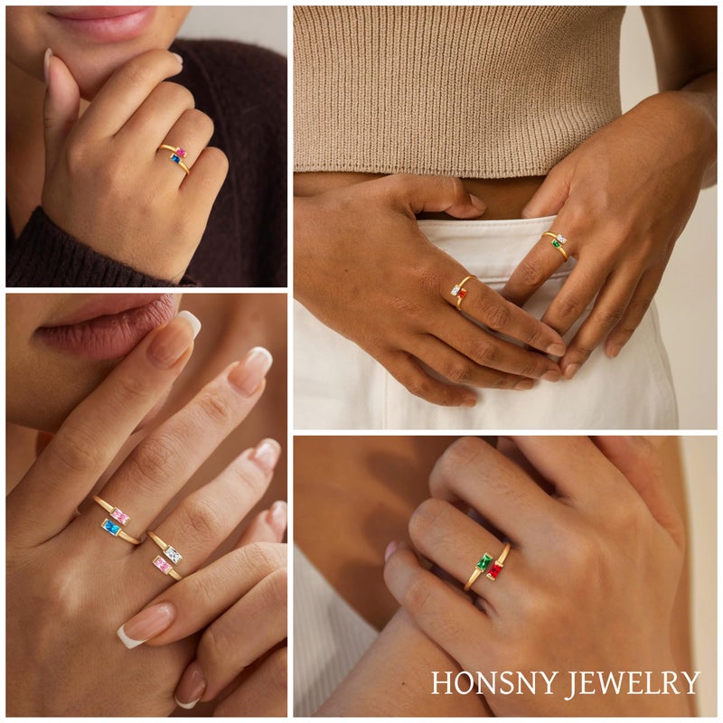 Honsny Gold Birthstone Rings for Women Non Tarnish 14K Gold Plated Adjustable Emerald Ring Cubic Zirconia Gemstone Promise Ring for Her Engagement Personalized Waterproof Jewelry Gifts for Birthday - Image 4