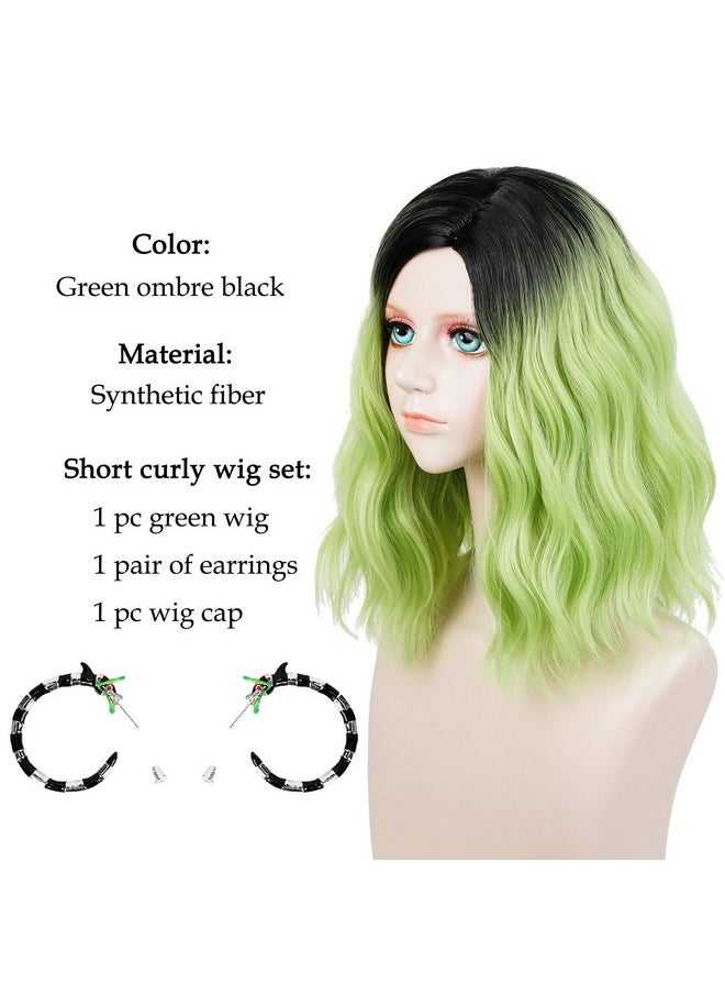 Probeauty Probeauty Short Green Curly Wig with Earrings, Medium Length Black Green Ombre Wig for Halloween Cosplay Party  - Image 2