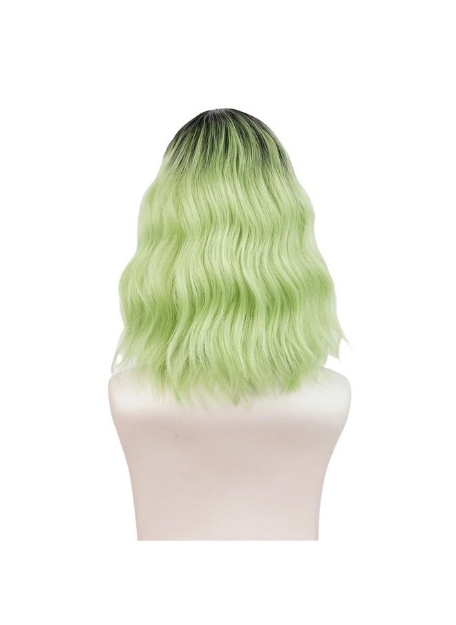 Probeauty Probeauty Short Green Curly Wig with Earrings, Medium Length Black Green Ombre Wig for Halloween Cosplay Party  - Image 5