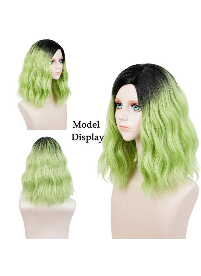 Probeauty Probeauty Short Green Curly Wig with Earrings, Medium Length Black Green Ombre Wig for Halloween Cosplay Party  - Image 3