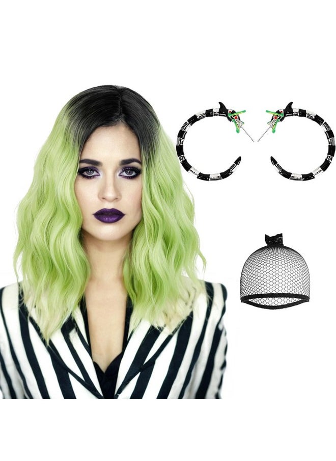Probeauty Probeauty Short Green Curly Wig with Earrings, Medium Length Black Green Ombre Wig for Halloween Cosplay Party  - Image 1