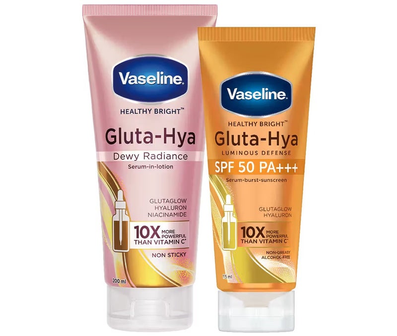 فازلين جلوتا هيا المضاد للأكسدة بعامل حماية من الشمس SPF 50 PA+++ + مجموعة لوشن جلوتا هيا ديوي راديانس برايت كومبو