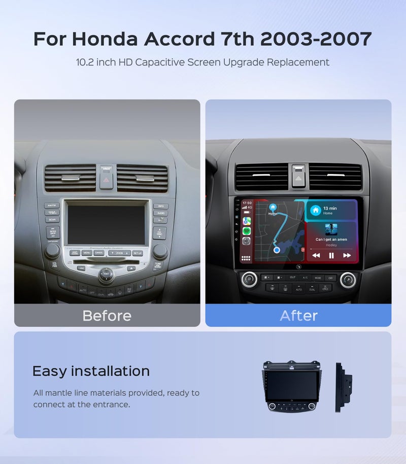 RUICAR 10.2'' Car Radio Stereo for Honda Accord 7th 2003 2004 2005 2006 2007 2+64G/5G WiFi/IPS HD Touch Screen/Wireless CarPlay/Android Auto/GPS FM/SWC Bluetooth/1080P Backup Camera - Image 2