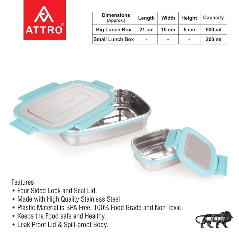 Attro Click Eat Big Stainless Steel Lunch Box with 1 Small Container Airtight Spill Proof BPA Free Ideal for Office Use School Picnic 900ml200ml Sky Blue - Image 2