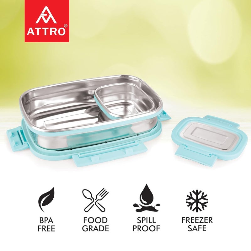 Attro Click Eat Big Stainless Steel Lunch Box with 1 Small Container Airtight Spill Proof BPA Free Ideal for Office Use School Picnic 900ml200ml Sky Blue - Image 4