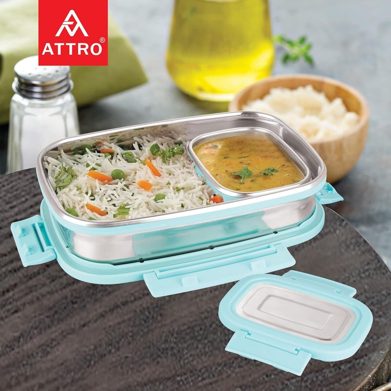 Attro Click Eat Big Stainless Steel Lunch Box with 1 Small Container Airtight Spill Proof BPA Free Ideal for Office Use School Picnic 900ml200ml Sky Blue - Image 3