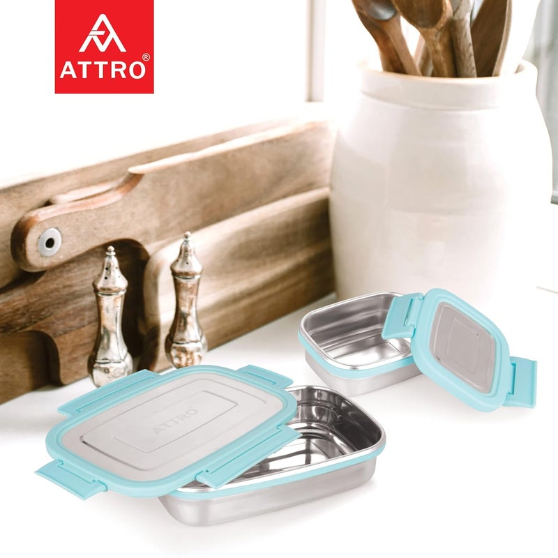 Attro Click Eat Big Stainless Steel Lunch Box with 1 Small Container Airtight Spill Proof BPA Free Ideal for Office Use School Picnic 900ml200ml Sky Blue - Image 5