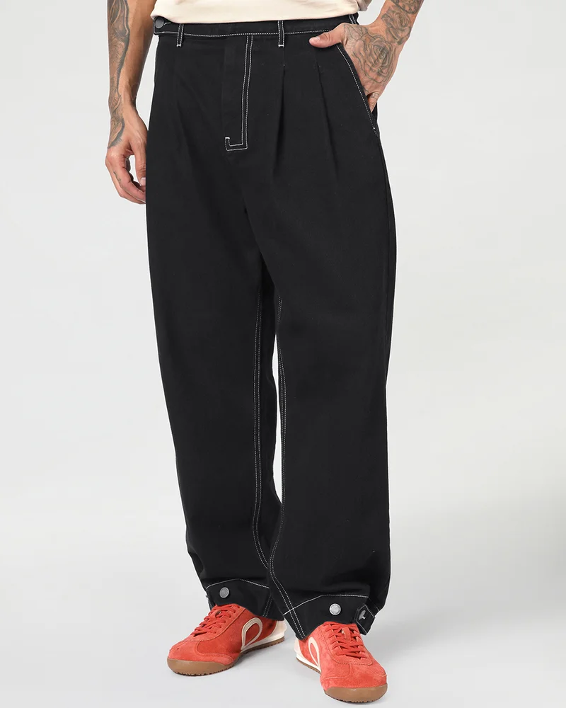 بيواكوف Men's Jet Black Baggy Fit Japanese Pants