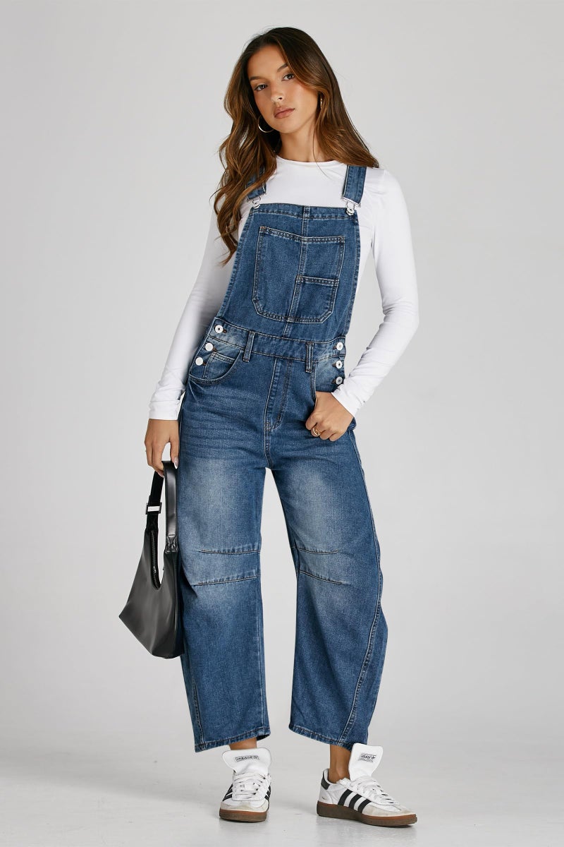 PLNOTME Womens Denim Bib Overalls Barrel Leg Adjustable Strap Jean Pants Jumpsuits with Pockets - Image 4