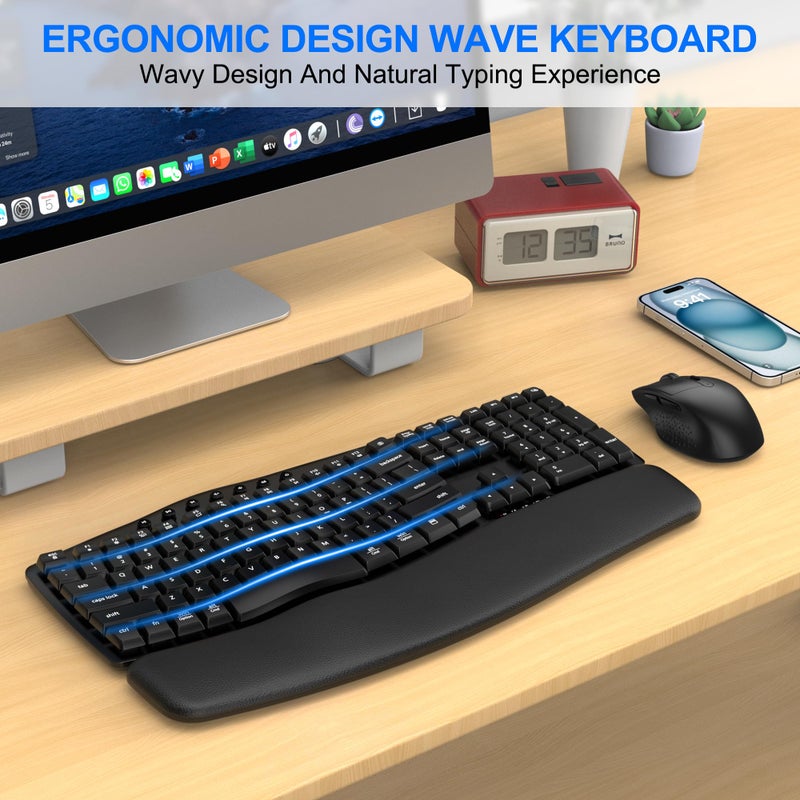 EDJO Ergonomic Wireless Keyboard Mouse Combo, EDJO Bluetooth/2.4G Dual-Mode Connection, Soft Foam Wrist Rest, Silent Typing, Waves Key Design and 3-Level DPI Adjustable Wireless Mouse for Windows, Mac OS - Image 2