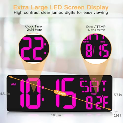 XREXS Large Digital Wall Clock with Remote Control, 16.5 Inch LED Large Display Count Up & Down Timer, Adjustable Brightness Alarm Clock with Day/Date/Temperature for Living Room, Bedroom, Office, Gym - Image 2