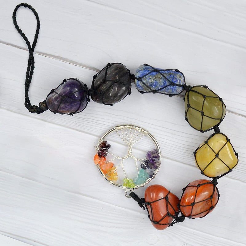 Crystu Natural 7 Chakra Tumble Stones Hanging with Tree of Life for Car Hanging and Door Hanging Reiki Healing and Crystal Healing Stones Size 279 cm 11 inch Color Multi - Image 1