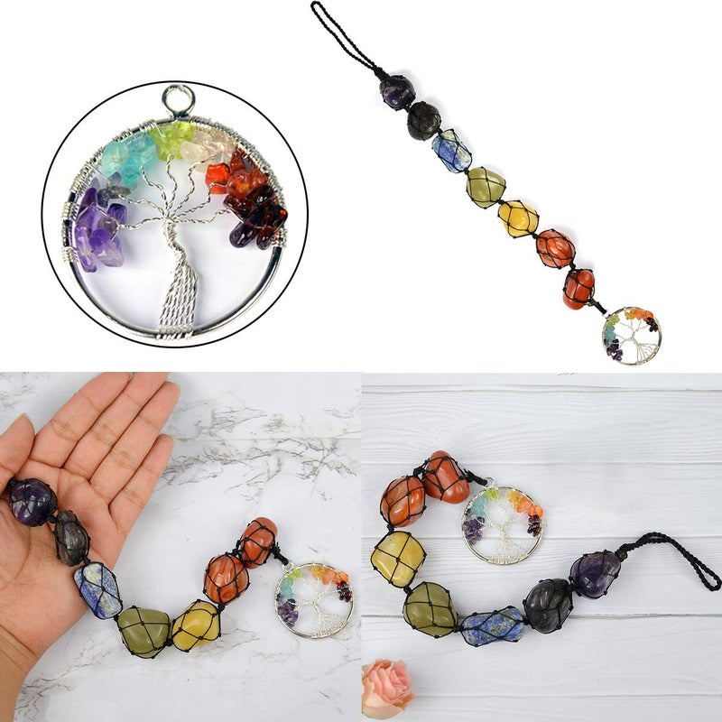 Crystu Natural 7 Chakra Tumble Stones Hanging with Tree of Life for Car Hanging and Door Hanging Reiki Healing and Crystal Healing Stones Size 279 cm 11 inch Color Multi - Image 5