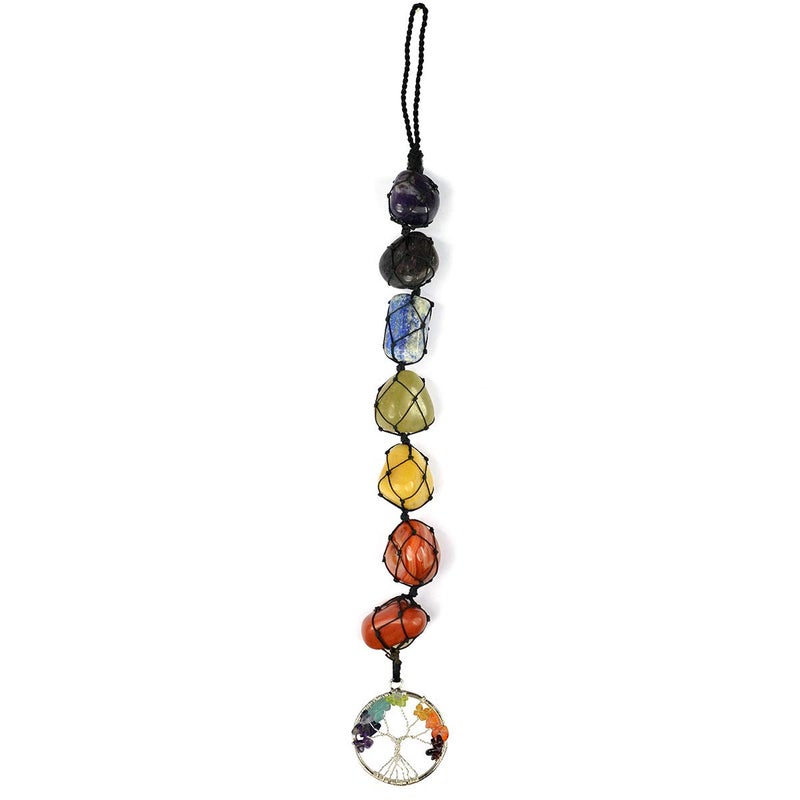 Crystu Natural 7 Chakra Tumble Stones Hanging with Tree of Life for Car Hanging and Door Hanging Reiki Healing and Crystal Healing Stones Size 279 cm 11 inch Color Multi - Image 2