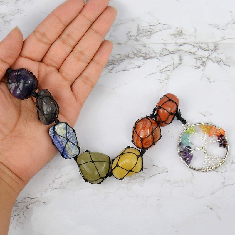 Crystu Natural 7 Chakra Tumble Stones Hanging with Tree of Life for Car Hanging and Door Hanging Reiki Healing and Crystal Healing Stones Size 279 cm 11 inch Color Multi - Image 3