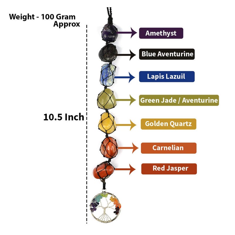 Crystu Natural 7 Chakra Tumble Stones Hanging with Tree of Life for Car Hanging and Door Hanging Reiki Healing and Crystal Healing Stones Size 279 cm 11 inch Color Multi - Image 4