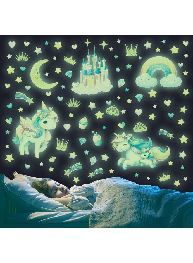 DECOWALL GDS4-8089 Glow in The Dark Unicorn Wall Decals Removable Magical Stickers with Rainbows Stars Castles for Girls Kids Nursery Bedroom Décor - Image 1