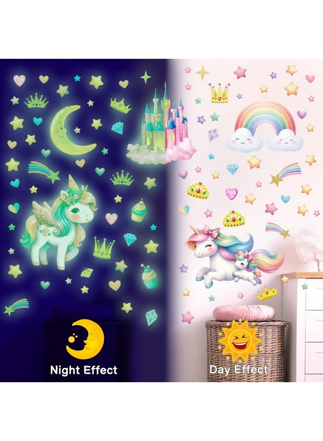 DECOWALL GDS4-8089 Glow in The Dark Unicorn Wall Decals Removable Magical Stickers with Rainbows Stars Castles for Girls Kids Nursery Bedroom Décor - Image 2