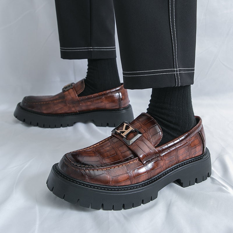 Big Toe Shoes Thick Sole Heightening Casual Leather Shoes 2025 Round Toe Shoes Crocodile Pattern Dating Wedding Trend - Image 2