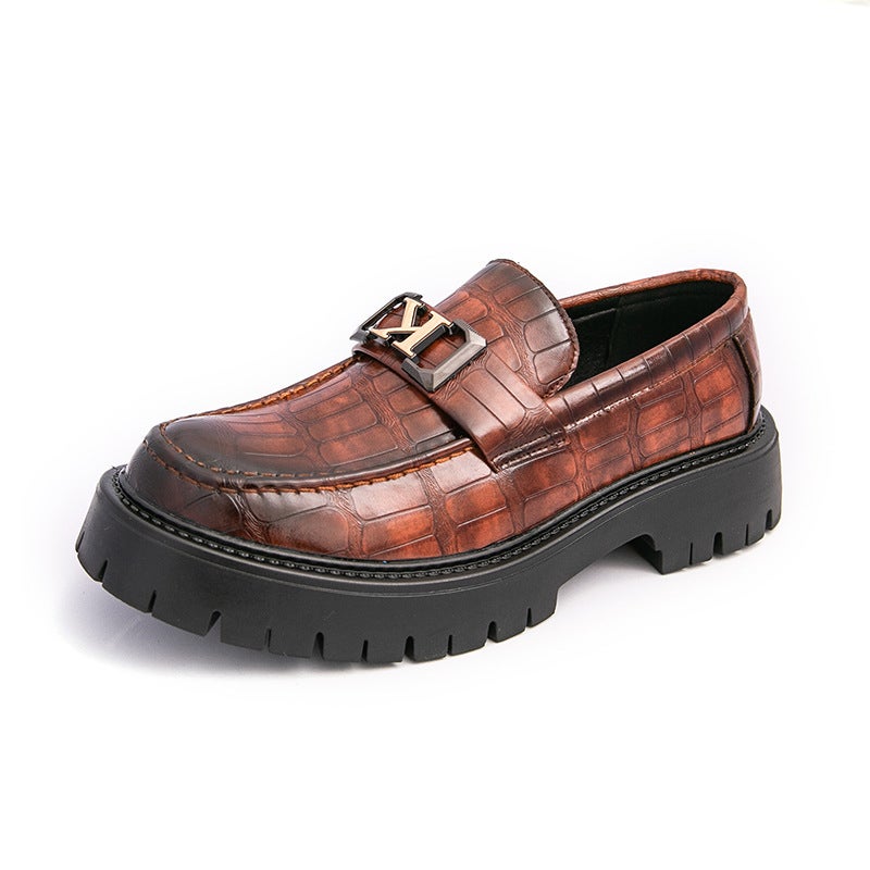 Big Toe Shoes Thick Sole Heightening Casual Leather Shoes 2025 Round Toe Shoes Crocodile Pattern Dating Wedding Trend - Image 1
