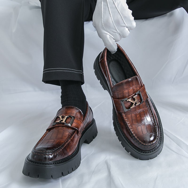 Big Toe Shoes Thick Sole Heightening Casual Leather Shoes 2025 Round Toe Shoes Crocodile Pattern Dating Wedding Trend - Image 3