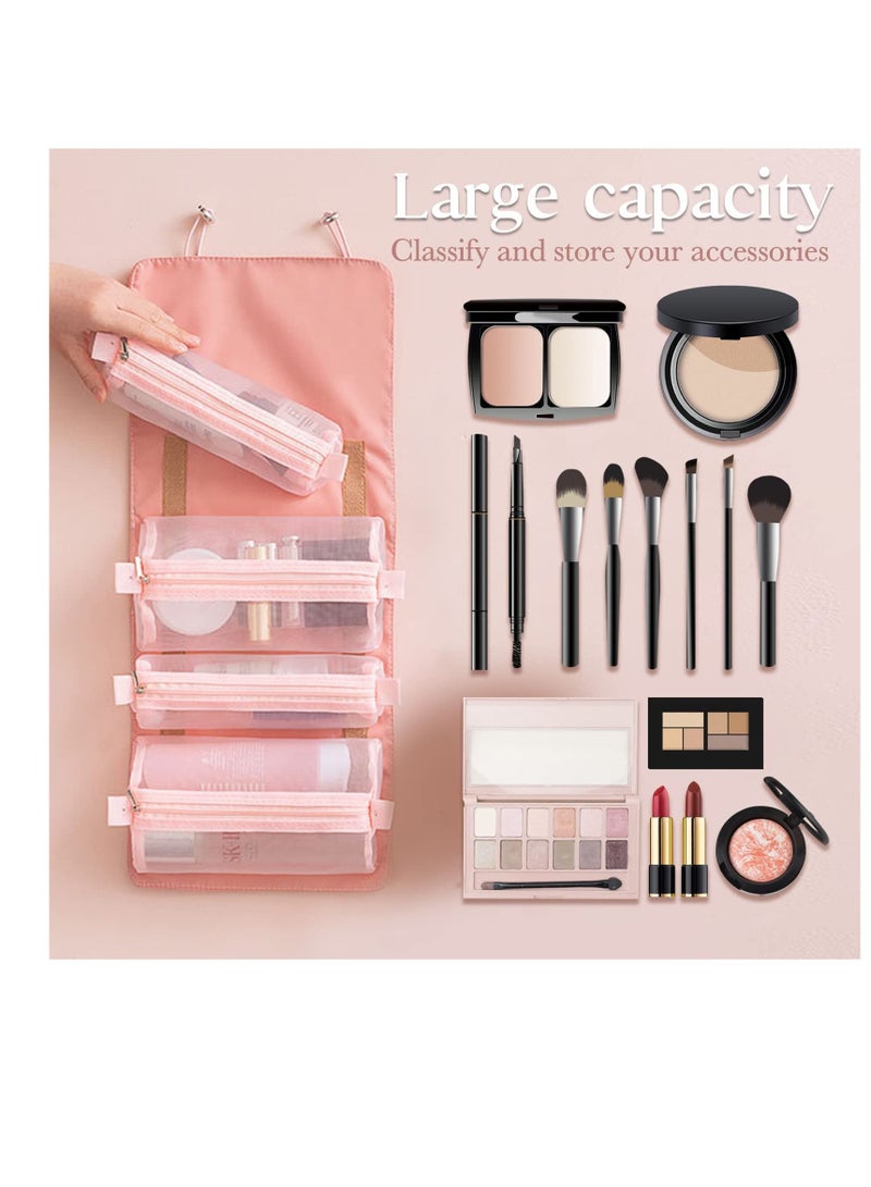 Excefore حقيبة مكياج صغيرة للنساء - حقيبة مستحضرات تجميل محمولة لتنظيم أدوات الزينة أثناء السفر، حقيبة مكياج متدحرجة مع 4 حقائب تخزين قابلة للفصل لإكسسوارات مستحضرات التجميل (وردي) - Image 3
