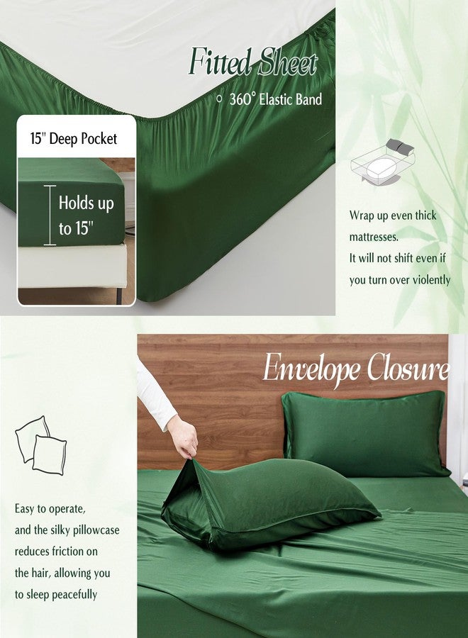 Simple&Opulence 100% Viscose Bed Sheet Set 4 Piece, Breathable Cooling Bedding Set with 15" Deep Pockets, Luxury Ultra Soft for Hot Sleepers (Dark Green,Queen) - Image 4