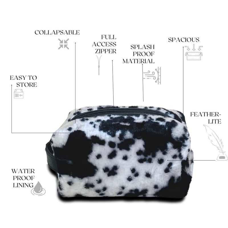 STRUTT حقيبة مستحضرات التجميل الفرو، حقيبة مجوهرات، حقيبة تجميل، حقيبة مكياج، بحجم متوسط II واسعة II خفيفة الوزن II أنيقة DOPP للنساء (أسود وأبيض) - Image 3