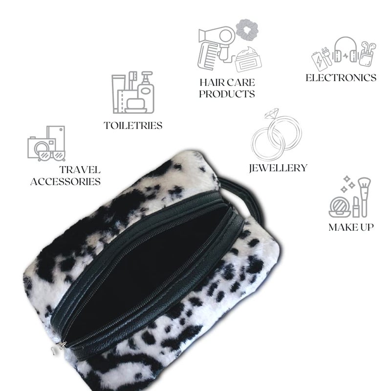 STRUTT حقيبة مستحضرات التجميل الفرو، حقيبة مجوهرات، حقيبة تجميل، حقيبة مكياج، بحجم متوسط II واسعة II خفيفة الوزن II أنيقة DOPP للنساء (أسود وأبيض) - Image 4