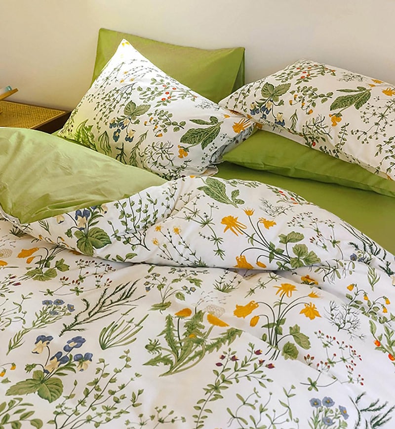 KAREVER Botanical Comforter Queen Sage Green Floral Plant Bedding Set Garden Pattern Printed Reversible Blanket 3 PCs Breathable White Floral Bed Comforter Set - Image 4