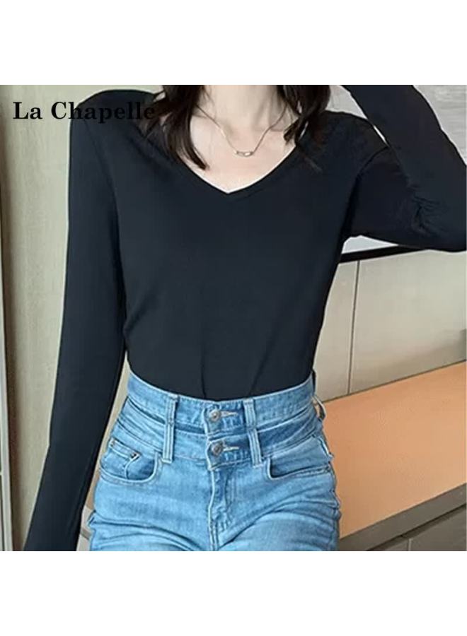 La Chapelle Premium Cotton V-neck Slim Fit New Large Collar Versatile Long Sleeve T-shirt Women's Base Shirt Black S - Image 4