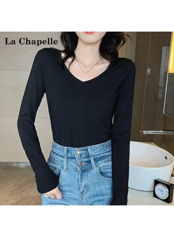 La Chapelle Premium Cotton V-neck Slim Fit New Large Collar Versatile Long Sleeve T-shirt Women's Base Shirt Black S - Image 1