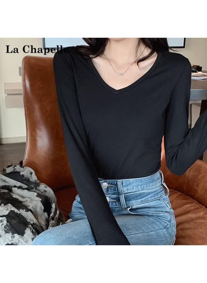 La Chapelle Premium Cotton V-neck Slim Fit New Large Collar Versatile Long Sleeve T-shirt Women's Base Shirt Black S - Image 2