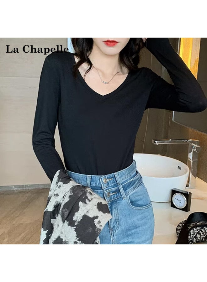 La Chapelle Premium Cotton V-neck Slim Fit New Large Collar Versatile Long Sleeve T-shirt Women's Base Shirt Black S - Image 3