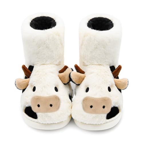 PUWAN Cow Bootie Slippers for Women Men, Cute Animal Cozy Memory Foam Fuzzy Slipper Boots Plush Lining Warm Winter House Shoes for Indoor Outdoor Size 8-8.5 - Image 1