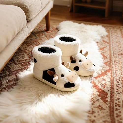 PUWAN Cow Bootie Slippers for Women Men, Cute Animal Cozy Memory Foam Fuzzy Slipper Boots Plush Lining Warm Winter House Shoes for Indoor Outdoor Size 8-8.5 - Image 3