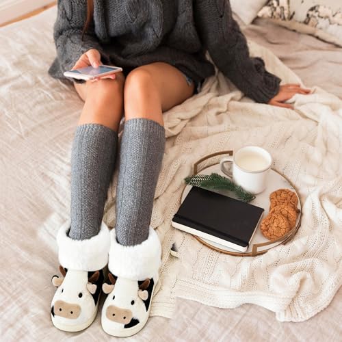 PUWAN Cow Bootie Slippers for Women Men, Cute Animal Cozy Memory Foam Fuzzy Slipper Boots Plush Lining Warm Winter House Shoes for Indoor Outdoor Size 8-8.5 - Image 2