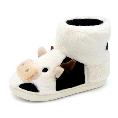 PUWAN Cow Bootie Slippers for Women Men, Cute Animal Cozy Memory Foam Fuzzy Slipper Boots Plush Lining Warm Winter House Shoes for Indoor Outdoor Size 8-8.5 - Image 4
