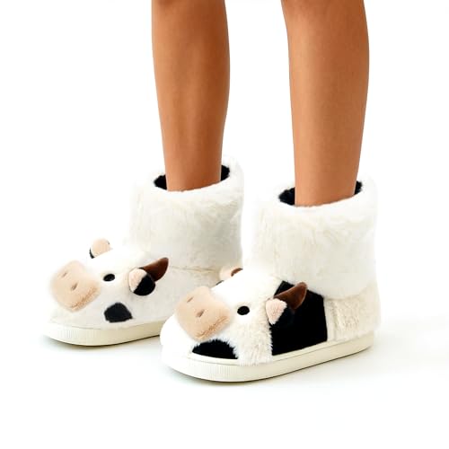 PUWAN Cow Bootie Slippers for Women Men, Cute Animal Cozy Memory Foam Fuzzy Slipper Boots Plush Lining Warm Winter House Shoes for Indoor Outdoor Size 8-8.5 - Image 5