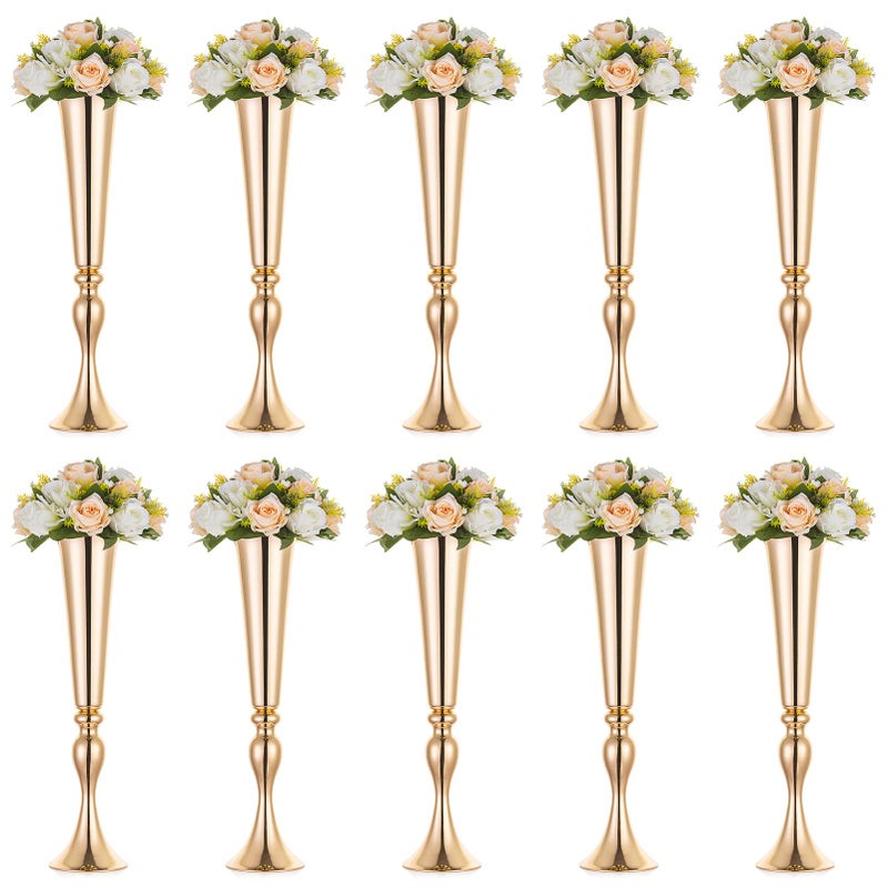 NUPTIO Gold Tall Centerpiece Table: 21.9" Trumpet Vases for Wedding Metal Flower Stand for Party Decorations Set of 10 - Image 1