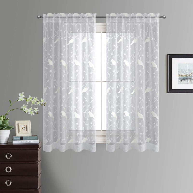 VOGOL Rod Pocket Sheer Curtains Elegant Embroidered Bird Design White Window DrapesPanels for Living Room 54 x 84Two Panels