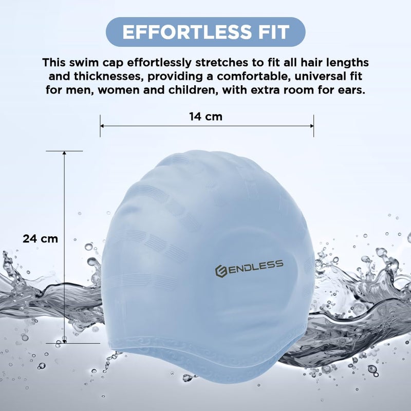Endless EL1023 Comfortable Silicon Swimming Cap with Ergonomic Ear Pockets | Silver | Material : Silicon | Fully Elastic Waterproof Cap for Long and Short Hair with Thicker Edge | For Women and Men - Image 3