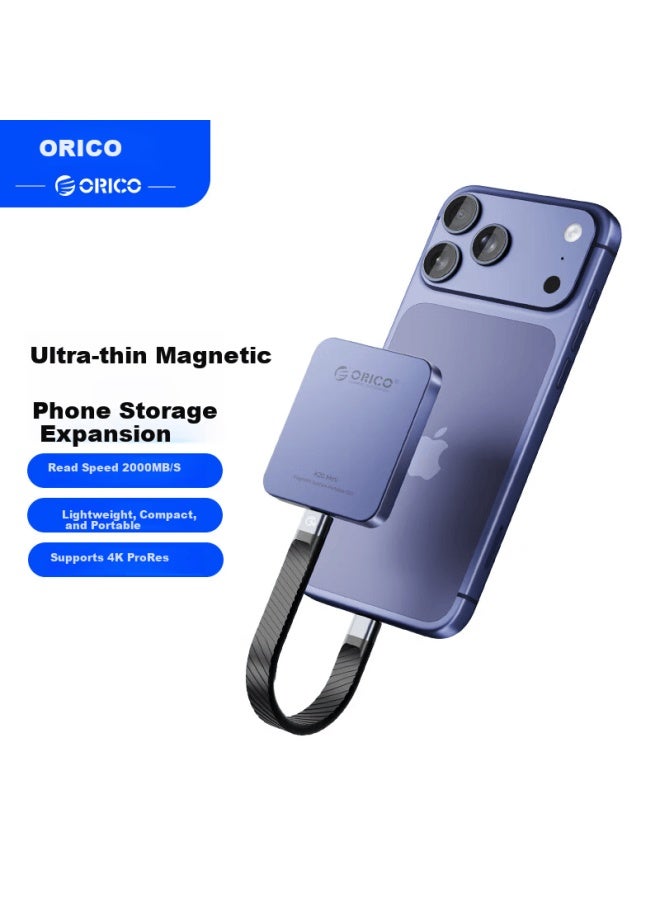 Orico أوريكو 2 تيرابايت SSD محمول مغناطيسي PSSD عالي السرعة 2000 ميجابايت/ثانية متوافق مع آبل آيفون تابلت لابتوب توسيع K20mini أزرق غامق - Image 1