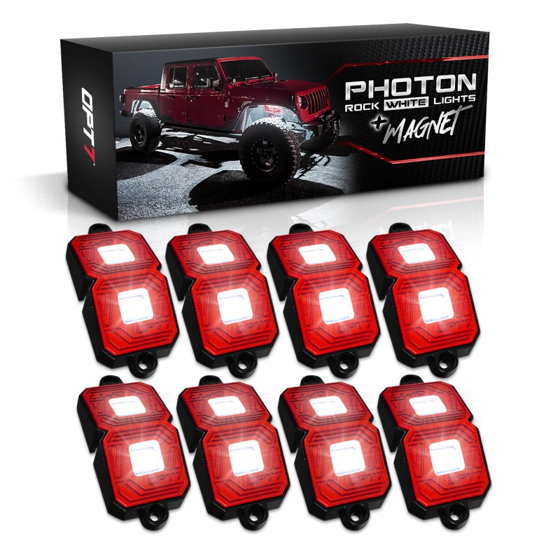 OPT7 Photon Pure White LED Magnet Rock Lights 8 Pods Wide Angle Neon Underglow Lighting Kit with Extension Wire IP68 Waterproof for Offroad Truck Jeep RZR ATV UTV SUV
