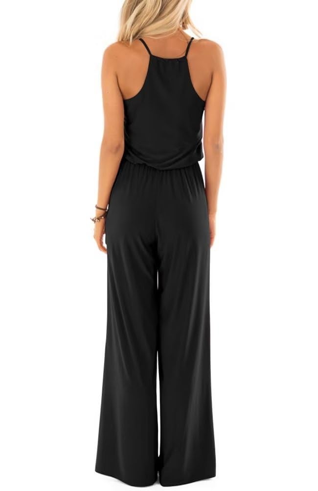 Lacozy Womens Casual Loose V Neck Sleeveless Spaghetti Strap Wide Leg Pants Jumpsuit Rompers Black Small - Image 3
