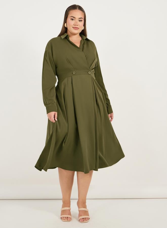 Styli Styli Plus Size Wrap Front A-Line Shirt Midi Dress - Image 1